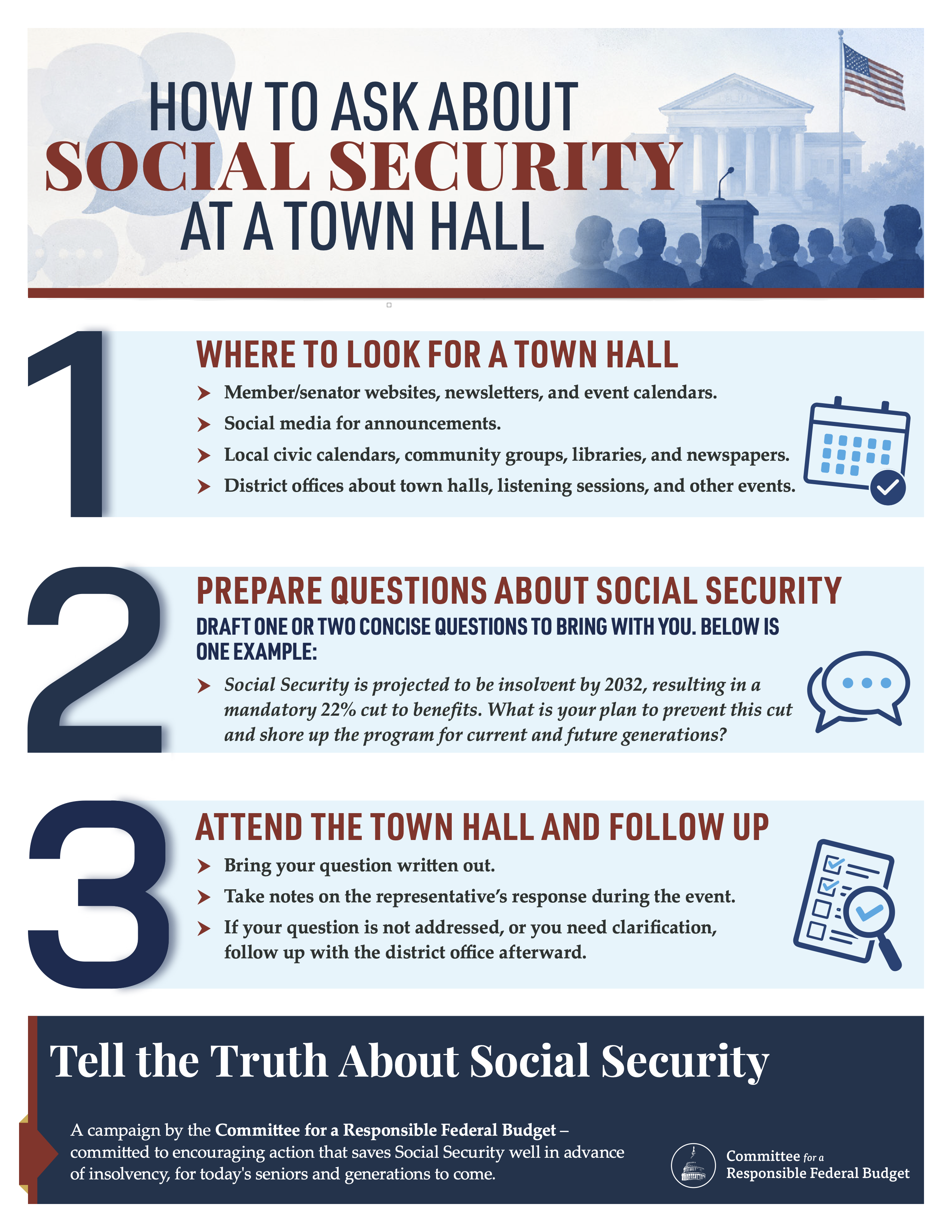 Infographic explaining how you can find a town hall near you and ask questions about Social Security.