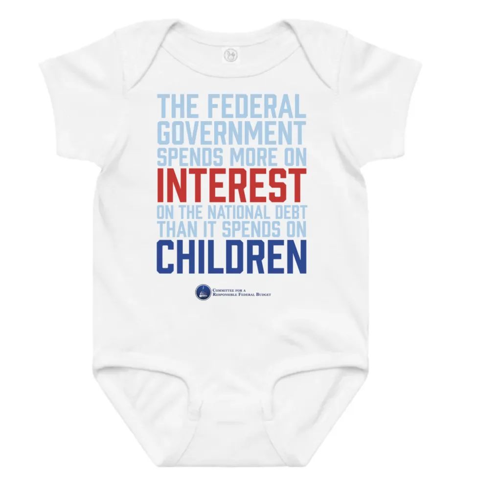 white toddler onesie with message - Federal government spends more on interest on the debt than children