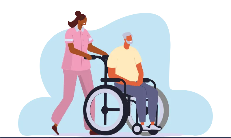 Man in wheelchair pushed by woman